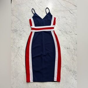 hello miss Navy, Red & White Striped Midi Bodycon Dress